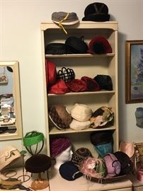 Ladies vintage hats, vintage hat stands, dresser sets and white Ethan allen bedroom suite (sold seperately)