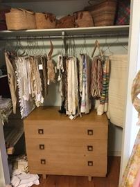 1950's modern Cavalier Stow-Away ceda chest in linen closet, straw baskets