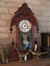 Walnut mantle clock, pair of heavy brass road runners