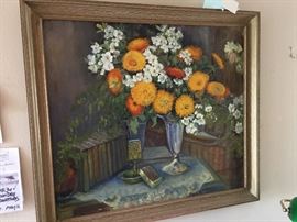 The largest of three still-life floral paintings by early Texas artist Hanna Walker (1876-1945). Born and raised in Luling Texas she studied under fellow
Texas artists Jose Arpa, Xavier Gonzalez, and Harry Anthony De Young. Her works have been included in exhibitions such as: Texas Artists Exhibition, San Antonio Art League (1926); Edgar B. Davis Competition, San Antonio (1927-29); Annual Texas Artists Exhibition, Fort Worth (1927); Elisabeth Ney Museum, Austin (1931).