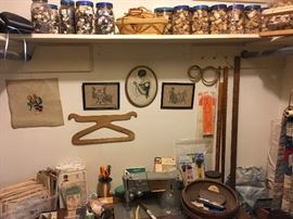 Sewing, notions, baskets, thread. spools. patterns. needlepoint, buttons and more