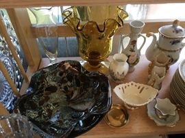 Murano glass bowl, ruffled edge footed bowl, and white porcelain and bisque figurines