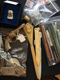 Bookmarks, Daisy cap gun, fountain pens, thimbles, asvertising