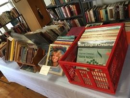 LP's. 45's "Dynamite" and "Banana" scholastic magazines with pop figures of the 1970's , leather bound books, ephemera, post cards, books, books, books!