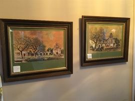 2 framed Spanish Mission prints by E.M "Buck" Schiwetz "San Juan Capistrano" and "Espada"