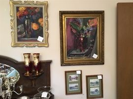 Clockwise from top: Two still-life floral paintings by early Texas artist Hanna Walker (1876-1945). Born and raised in Luling Texas she studied under fellow
Texas artists Jose Arpa, Xavier Gonzalez, and Harry Anthony De Young. Her works have been included in exhibitions such as: Texas Artists Exhibition, San Antonio Art League (1926); Edgar B. Davis Competition, San Antonio (1927-29); Annual Texas Artists Exhibition, Fort Worth (1927); Elisabeth Ney Museum, Austin (1931). Porfirio Salina bluebonnet miniatures, two to a frame pair of Boemian Czech ruby and gold vases, silverware on a Queen Ann sideboard