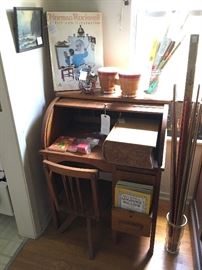 Child's roll top desk with swivel chair, Advertising yard Sticks, National Geographics, Notman Rockwell, Bongos, Rulers, Alram clock