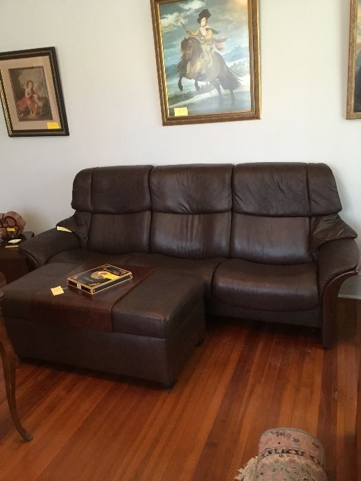 STRESSLESS BRAND SOFA, Double ottoman, and two end tables-- very nice leather.  Ottoman has storage