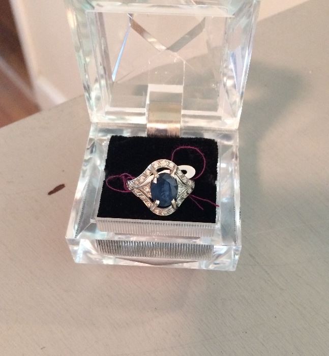 Art Deco 18K White Gold Sapphire/Diamond Ring
