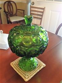 Green Glass Covered Pedestal Bowl