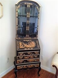 Black Lacquered Oriental Secretary Bookcase with Hand Painted Landscape Motif
