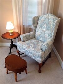 Mahogany Round Tripod Table, Vintage Foot Stool, and Vintage Winged Back Arm Chair