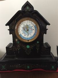 French Onyx Mantle/ Table Clock w/ Lapis Lazuli Inlay and Gold Scrolling (18’’ x 6.5’’ x 20”)