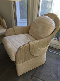 Mid Century Modern Rattan Love Seat and Chair (60’’ x 30’’ x 34’’) (28’’ x 35’’ x 34’’)