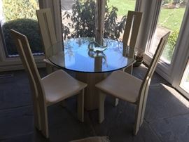 Maurice Villency Glass top on Stone Base (38’’ x 29’’) 4 Mid Century Modern Cream Chairs w/ Leather Seat (42’’)
