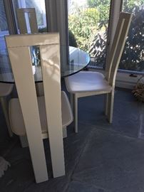 Maurice Villency Glass top on Stone Base (38’’ x 29’’) 4 Mid Century Modern Cream Chairs w/ Leather Seat (42’’)