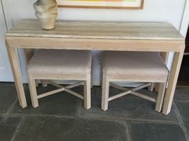 Drexel Heritage Marble Top Cream Console Table   (57’’ x 18’’ x 30’’)                                                                              Pair of Drexel Heritage Cream Stools (23’’ x 17’’ x 18’’)