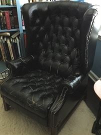 Tufted Black Leather Wing Chair