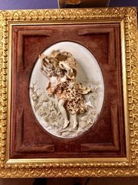 Man and Woman Capodimonte Style Wall Plaques in Gold Leaf Frames c. 1900