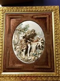 Man, Woman, and Cherub Capodimonte Style Wall Plaques in Gold Leaf Frames c. 1900