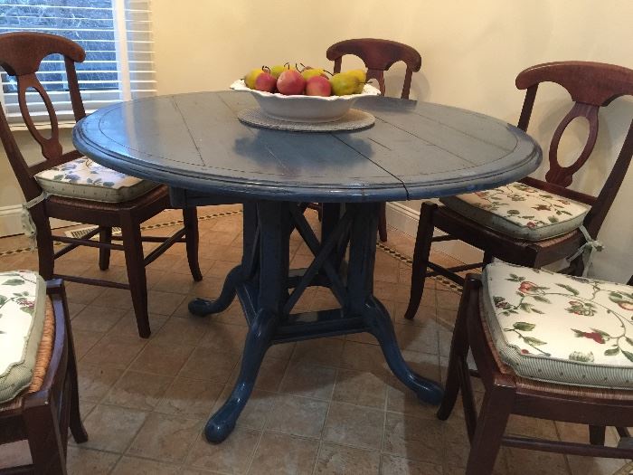 Blue Country French 48’’ Round Kitchen Table w/ Birdcage Base w/ 2 Leaves                                                          6 Walnut Dining Chairs w/ Rush Cushion Seats and Custom Cushions