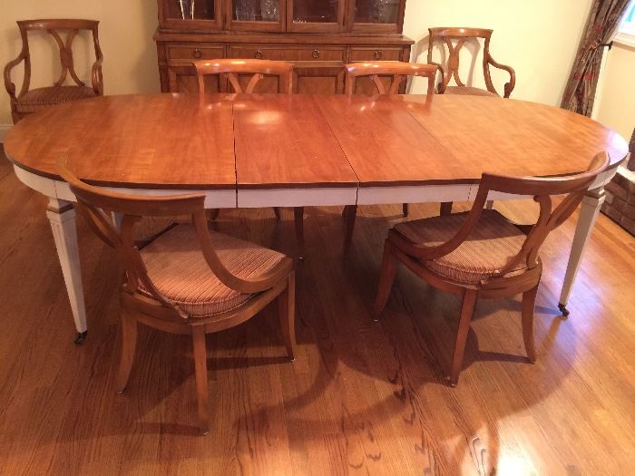 Oval Dining Table w/ 2 Leaves                                                       6 Maple Dining Chairs w/ Brown Velvet Seat (2 Arm and 4 Side Chairs)