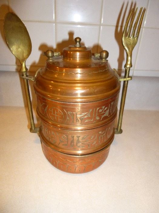 1940's Vintage Copper Stack Lunch Pail Carrier, Engraved 