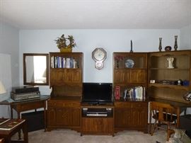 VINTAGE SOLID WOOD 4 PIECE SET- 2 CABINETS, EACH WITH A HUTCH, 2 CORNER DESKS ONE WITH BOOK SHELF/HUTCH