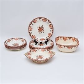 Antique W.T. Copeland China, Circa 1867-1890: A collection of antique W.T. Copeland china. Features an ivory ground with a burnt orange and rust colored floral pattern. The set includes a square serving bowl, a large compote, six soup bowls and six dinner plates. Marked to the underside.