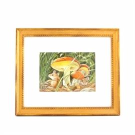 John A. Ruthven Original Watercolor and Gouache on Paper "White Footed Mouse and Russulas": A rare original watercolor and gouache painting on paper by celebrated wildlife artist and conservationist John A. Ruthven (b. 1924) titled White Footed Mouse and Russulas. This painting depicts a charming scene of two white-footed mice under the safe cover of a patch of wild russula mushrooms. Signed and copyrighted in pencil to lower right. Housed behind glass with a white-on-white double mat, presented inside a decorative gilt wood frame with hanging wire and artist’s title sticker to the verso. Provenance: Ex Collection of Jane Sikes Hageman, author, bird watcher, and friend of the artist.