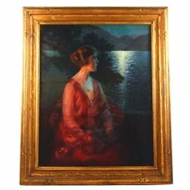 Charles Warde Traver Original Oil on Canvas: An original oil on canvas by New York based artist illustrator Charles Warde Traver (1870-1945). This romantic nocturne scene depicts the portrait of a red-haired beauty holding a bouquet of roses in her lap, sitting against a darkened landscape with moon-lit waters fading off into the background. Faintly signed in blue paint to lower center. Housed in the original aesthetic movement frame. A dust cover and wire for hanging present to the reverse.
Charles Warde Traver, or C. Warde Traver, as he signed his work, was an accomplished illustrator from Ann Arbor, Michigan, who eventually settled in New York. His most prominent works were examples such as the one offered here, nocturnal illustrations of women. Her work was oft-published in popular magazines during the early 20th century.
