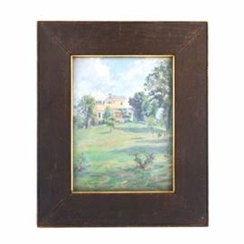 Louis Charles Vogt Oil on Academy Board of a "House in Cincinnati": An original oil painting on academy board by well-listed Cincinnati artist Louis Charles Vogt (1864-1939), circa 1930s. The painting depicts a yellow house set atop green hilside strewn with trees on n idyllic sunny day in Cincinnati, Ohio. The home was on Ohio Avenue in Clifton, and no longer stands. Signed “L.C. Vogt” in dark blue paint to lower left. Housed inside a rustic wooden frame gilt interior border and wire for hanging to the reverse.
Louis Charles Vogt was well known in Cincinnati for painting the surrounding area, and often took on commissions for the homes of prominent Cincinnatians.