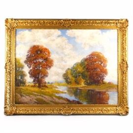 Ernest Fredericks Oil on Canvas "Summer Splendor": An original oil on canvas by well-listed artist Ernest Fredericks (1877-1959), titled Summer Splendor. The image depicts a rich, autumnal landscape scene centered around a tapering stream lined by mature trees with changing leaves; thought to be the portrayal of the Ozarks regional landscape of the central United States where the artist was known to reside. Signed by hand in black paint to lower left. Presented without glass, housed inside a striking giltwood frame with wire for hanging to reverse. Affixed to the backside is a label that reads with the title, artist, medium and dimensions of the work.