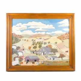 Grandma Moses Silkscreen After "The Old Oaken Bucket": A framed, reproduction silkscreen print after an original 1944 oil on masonite painting by Anna Mary Robertson “Grandma” Moses (1860–1961), titled The Old Oaken Bucket. Signed “Moses.” to bottom center of image. Housed behind plexiglass and mounted in a beveled edge wooden frame with wire for hanging to the reverse.