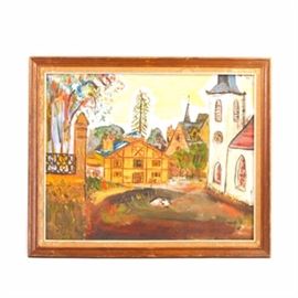 1960 Hal Music Original Oil on Canvasboard: An original oil painting on canvas board, signed and dated 1960 by artist Hal Music to upper right corner. The image depicts a charmiing village scene using a wide-ranging palette of colors throughout. It comes housed without flass inside a beveled wooden frame with wire for hanging to the reverse.