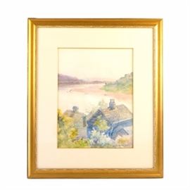 Emma Mendenhall Watercolor on Paper of Houses on the Ohio River: An original watercolor on paper by Cincinnati-born artist Emma Mendenhall (1873-1964). The paintng is rendered with two dwellings in the foreground and the mighty Ohio River meandering off into the distance behind. The work is signed in brown watercolor paint to lower right corner. Presented with an off-white single mat with gilt interior border. Housed behind UV protected conservation glass, inside a decorative giltwood frame with a wire for hanging to the reverse.