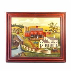 Jane Eckelberry Contemporary Folk Art Oil on Board of a Farm Scene: An original, contemporary folk art oil on board of a farm scene by Jane Eckelberry. The painting offers a delightful rendering of daily working life in a Colonial farming community. Signed by the artist in black paint to lower center and housed within a mahogany finish wooden frame. A wire for hanging is mounted to the reverse.