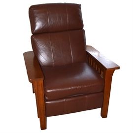 Oak and Leather Morris Recliner by Lane Furniture: A handsome oak, bow arm Morris chair with chocolate brown leather seats by Lane furniture. The chair back reclines for added comfort. Frame is in a cherry stain.