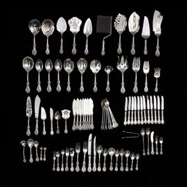Reed & Barton "Francis I" Sterling Silver Flatware: A set of sterling silver Francis I pattern flatware by Reed & Barton. Included are twelve forks, eight fish forks, twenty-four salad forks, twelve oval soup spoons, twelve teaspoons, eight citrus spoons, twelve ice cream forks, twelve five o’clock spoons, eight round soup spoons, eight bullion soup spoons, twelve demitasse spoons, a two piece solid salad set, twelve strawberry forks, eight iced tea spoons, eight oyster forks, a sugar shell, a small sugar shell, two tablespoons, a pierced tablespoon, a tomato server, six flat handle butter servers, a small cold meat serving fork, a cream ladle, a gravy ladle, a two piece baby set, a jelly server, a salad serving fork, two parfait spoons, a fluted casserole spoon, sugar tongs, a small chipped beef fork, a cake server, a waffle server, a lemon fork, a cracker spoon, an ice cream server, a jelly/cake server, a macaroni server, a sardine server, two master salt spoons, a scalloped server, 