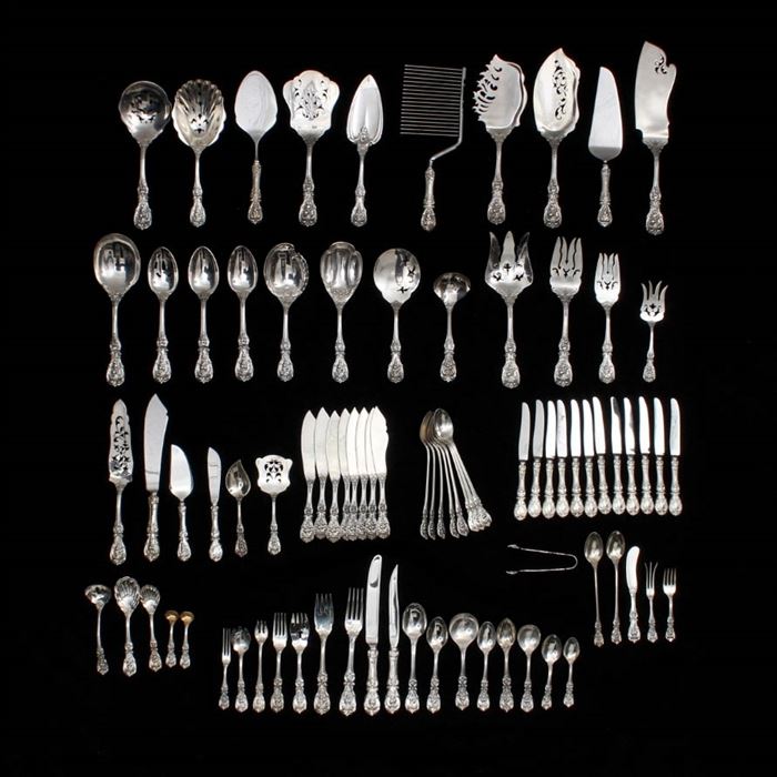 Reed & Barton "Francis I" Sterling Silver Flatware: A set of sterling silver Francis I pattern flatware by Reed & Barton. Included are twelve forks, eight fish forks, twenty-four salad forks, twelve oval soup spoons, twelve teaspoons, eight citrus spoons, twelve ice cream forks, twelve five o’clock spoons, eight round soup spoons, eight bullion soup spoons, twelve demitasse spoons, a two piece solid salad set, twelve strawberry forks, eight iced tea spoons, eight oyster forks, a sugar shell, a small sugar shell, two tablespoons, a pierced tablespoon, a tomato server, six flat handle butter servers, a small cold meat serving fork, a cream ladle, a gravy ladle, a two piece baby set, a jelly server, a salad serving fork, two parfait spoons, a fluted casserole spoon, sugar tongs, a small chipped beef fork, a cake server, a waffle server, a lemon fork, a cracker spoon, an ice cream server, a jelly/cake server, a macaroni server, a sardine server, two master salt spoons, a scalloped server, 