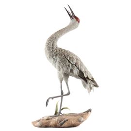 Boehm Limited Edition Porcelain "Sandhill Crane": A Boehm limited edition porcelain bird titled Sandhill Crane . The work is a delicate naturalistic hand painted sculpture of a crane with open beak, standing on one leg. It is hand signed in ink to the base by Helen Boehm and numbered 90 to the underside. Boehm Porcelain was started by Edward Marshall Boehm (1913-1969), an American sculptor most known for the porcelain birds and wildlife sculptures he created, promoted by his equally well-known spouse, Helen Boehm. Together, the two founded E.M. Boehm Studios. Works created in the studio are in the Metropolitan Museum of Art, and the studio is known for its fine and elegant sculptural work owned by museums, royalty and celebrities worldwide.