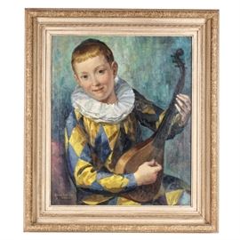 Vintage Oil Painting on Canvas of Boy Harlequin: A vintage oil painting on canvas of a young boy dressed in a harlequin costume and holding a lute. The painting is rendered in a naturalistic palette with primarily blues and greens to the costume and background. It is signed “Juan Antonio, Sevilla” to the lower left corner. Presented in a wood and linen frame.