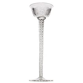 Baccarat Style Compote with Air Twist Stem: A footed compote with air twist stem. This piece, done in the style of Baccarat, features a hob star design to top with a long air twist stem. It rests on a cut and scalloped base.