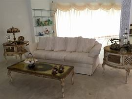Tufted Cream Sofa and French Tables. 