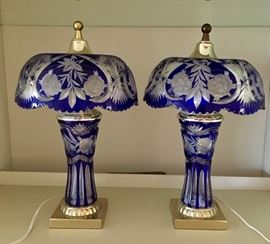 Cobalt Cut to Clear Lamps signed Dresden by Peck