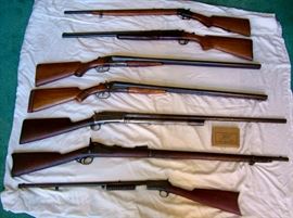 Bottom To Top 1. Winchester Model 1890. 2. Springfield 45-70. 3. National Fire Arms 12 Ga Shotgun. 4. 1914 Montgomery Ward (Western Field) 16ga double barrel hammer style Shotgun. 5. Western Field 16 Ga double barrel hammer style shotgun. 6. Stevens Arms 22-410. 7. Enders Royal Scout 22 L rifle.