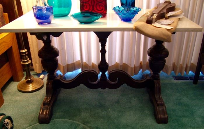 Marble Top Sofa Table w ornate Walnut base