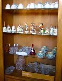 Hummel figures/bells. Salt dips/shakers. Occupied Japan dragon wear cup&saucer set of 6. Bottom: Cambridge Glass Candle wreath