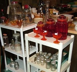 L. E. SMITH Amberina Moon & Stars Cannister set. Several vintage Queen cabinet jars......