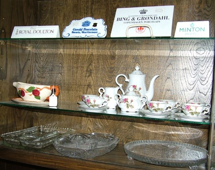 Top: Porcelain maker ad signs. Middle: Franciscan Gravy boat & English Tea set.